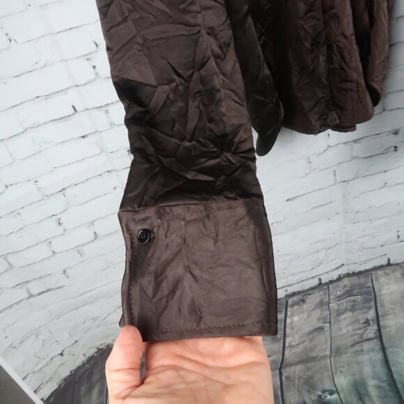 ZARA BROWN LONG SLEEVE BUTTON DOWN FITTED WRINKLED TOP SIZE MEDIUM NWOT - Picture 7 of 8